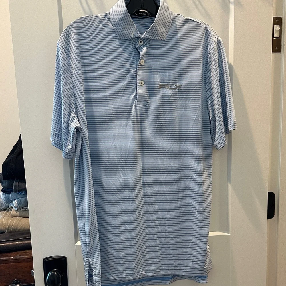 Polo Shirt - Light Blue Striped Men’s Golf Polo by Ralph Lauren
